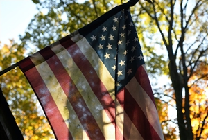 A partly transparent American flag hanging from a tree, with more trees behind it. Photo by Robin Jonathan Deutsch via Unsplash
